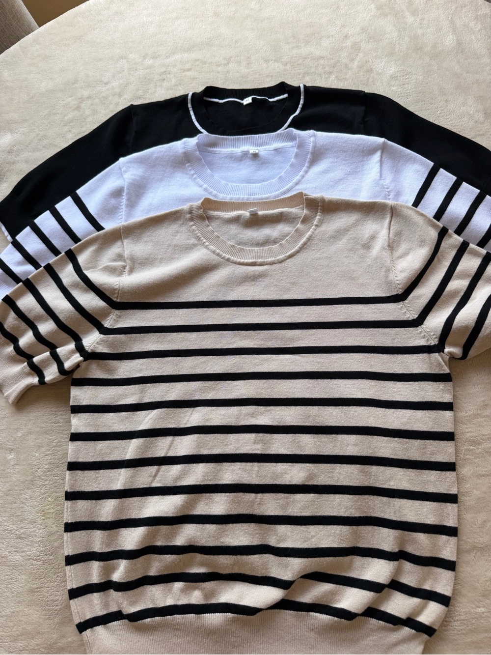 Crewneck Striped Knit Short Sleeve Sweaters - Black, White, Beige